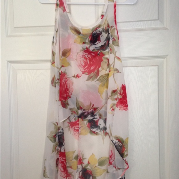 Floral white chiffon high low shirt