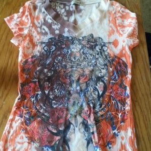 Orange brown and tan printt tee shirt