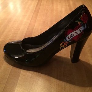 Ed Hardy inspired black patent heels