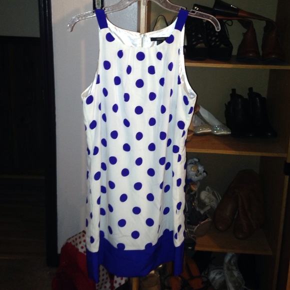 White and blue polka dot shift dress