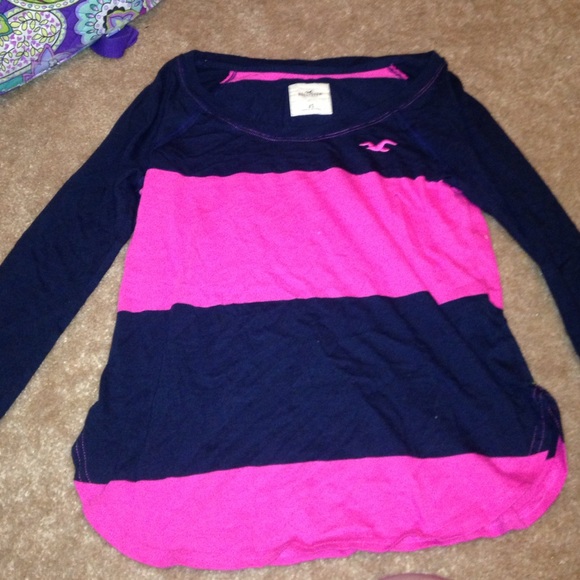 Navy and Pink Stripe Hollister Shirt