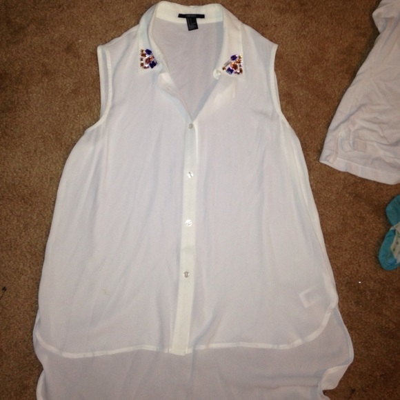 F21White button up tank with jewels