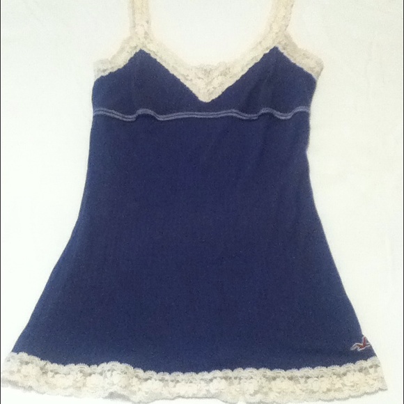Holliste Blue Tank with Cream & Gold Lace