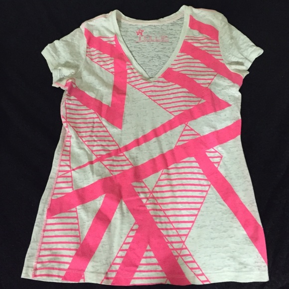Bright neon pink and white v neck