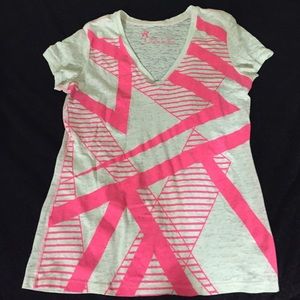 Bright neon pink and white v neck