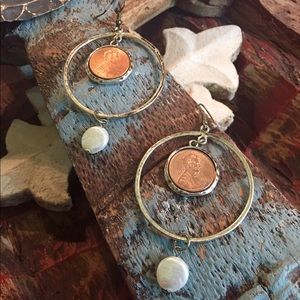 Jewelry - Antiqued hoops with penny & freshwater pearl Jewelry - Antiqued hoops with penny & freshwater pearl