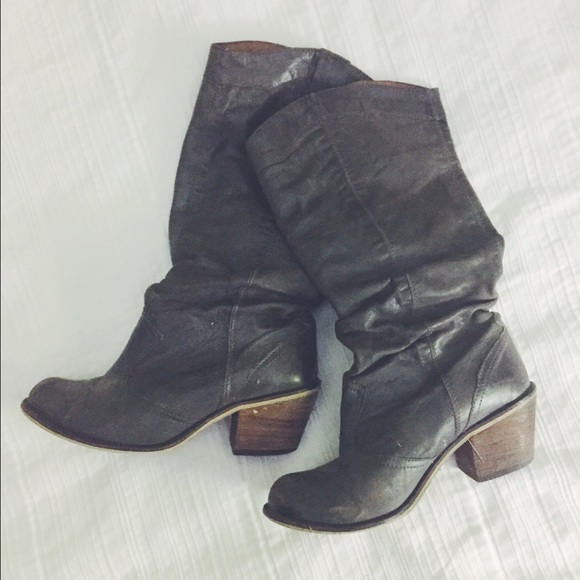 Grey Leather Calf Length Boots