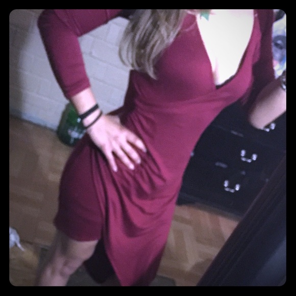 Maroon, long sleeve, sexy symmetrical dress
