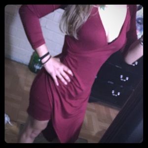 Maroon, long sleeve, sexy symmetrical dress
