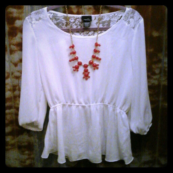 White polyester top with lace detail