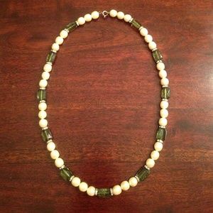 Vintage Faux Pearl & Emerald style Bead Necklace