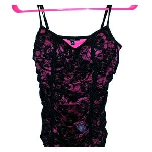 Black & hot pink lace corset style top