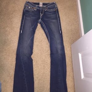 bootcut dark washed white stitched true religions