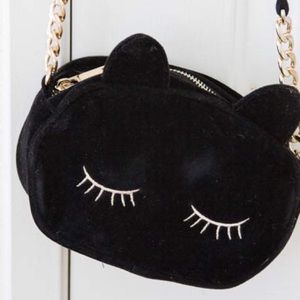 ASOS black velvet kitty cat crossbody bag