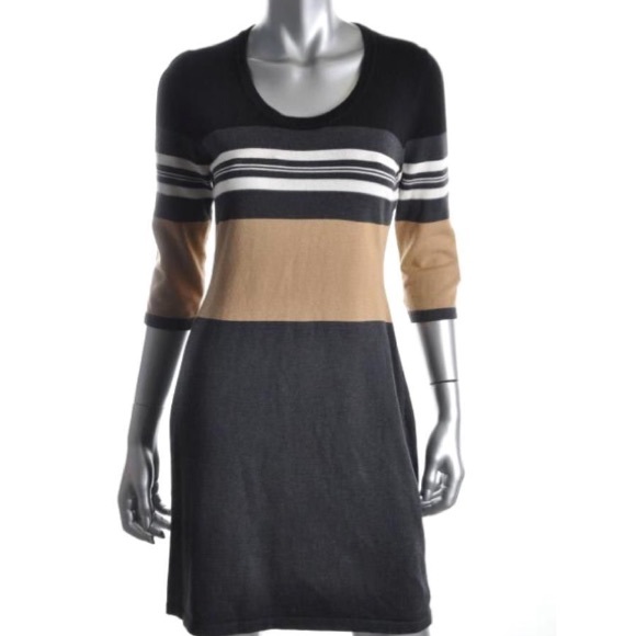 NWT $129 CALVIN KLEIN Dress M Scoop-neck 3/4 Sleeves Eggshell / Camel