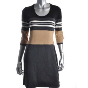 NWT $129 CALVIN KLEIN Dress M Scoop-neck 3/4 Sleeves Eggshell / Camel