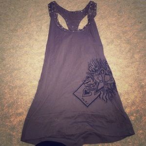 Grey tank top w/ rhinestone & metal embellishments