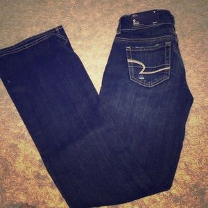 American eagle dark denim jeans, distressed, flare