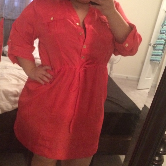 Coral 3/4 sleeve Gold button dress