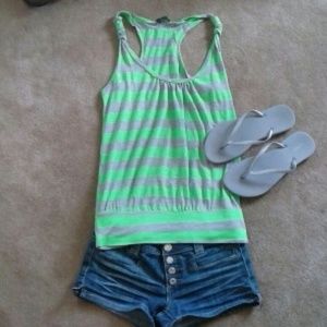 Bright green and gray stripped racer back tank.