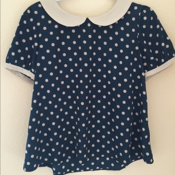 Teal and cream polka dot Peter Pan collar blouse