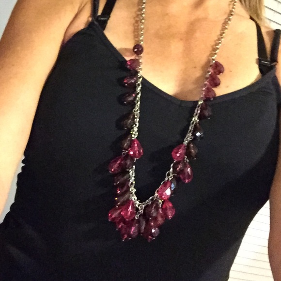 Long Raspberry-Colored Crystal & Silver necklace - Picture 3 of 5
