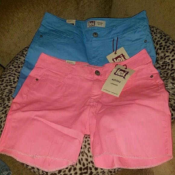 Pastel pink and blue denim shorts