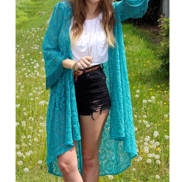 (SOLD) Turquoise Lace Fringe Kimono
