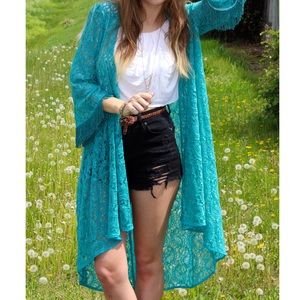 (SOLD) Turquoise Lace Fringe Kimono