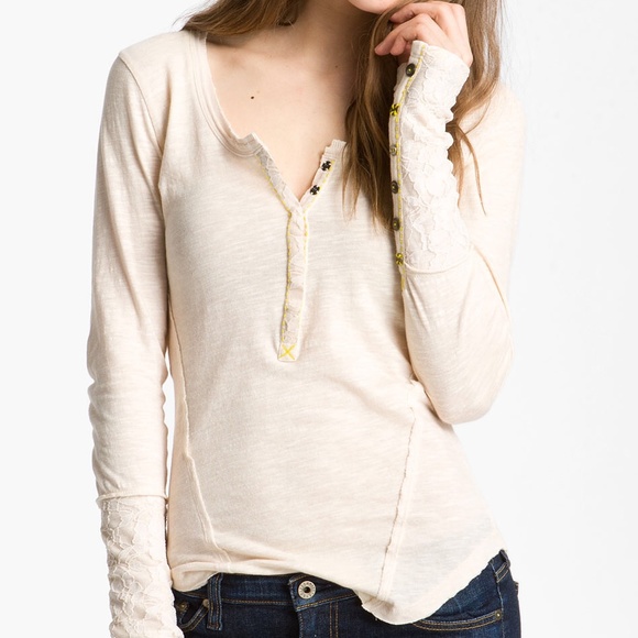 Free People Oatmeal Thermal with Lace Sleeves - Picture 1 of 4