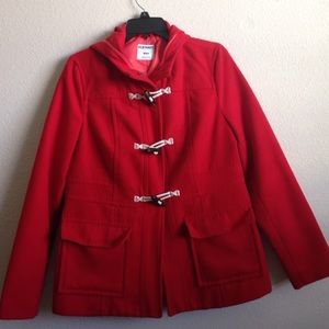 Red hooded pea coat