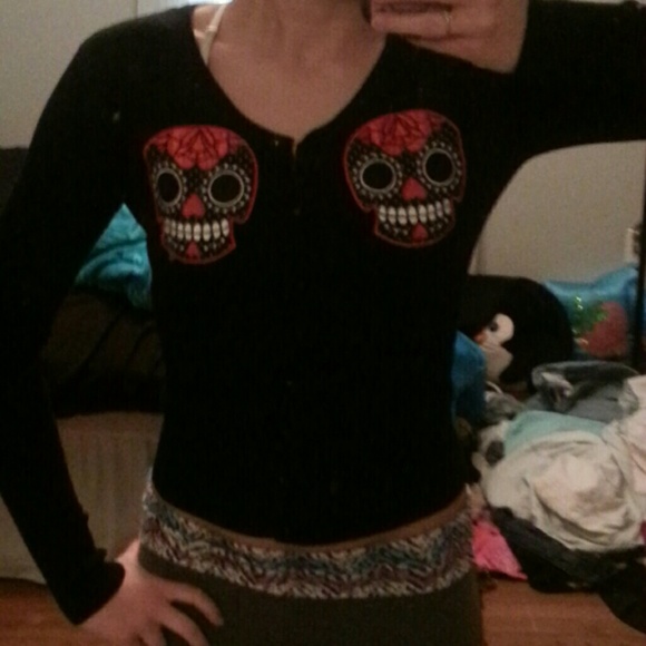 Button up sweater red sugar skulls