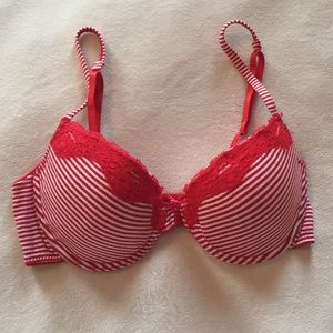 Red & white stripe Demi bra with lace & button.34C