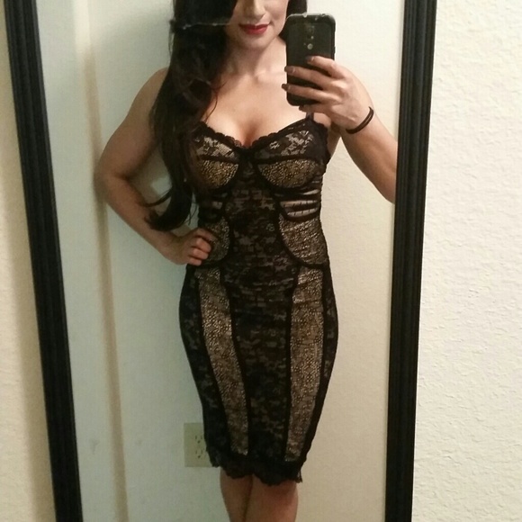 Bebe black lace & nude dress