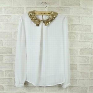 Gold sequin collared white blouse