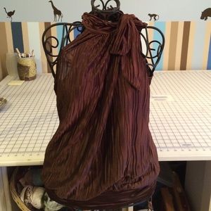 Brown Sleeveless scarf neck blouse