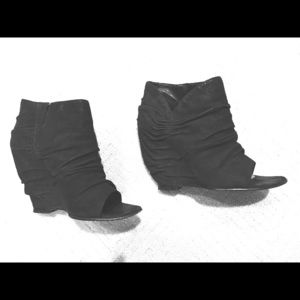 Elizabeth and James ruched suede peep toe booties.