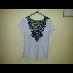 Used White with black lace peplum top