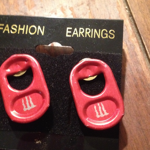 Homemade red monster tab earrings.