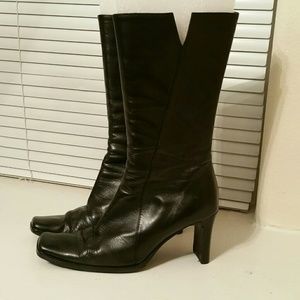 Black leather calf heel boots