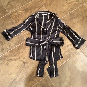 Black top/white stripes French cuffs w/tie front.