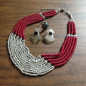Statement necklace, earrings, and ring (bundle)