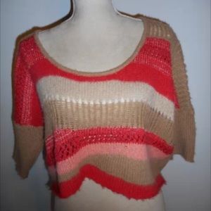 Free People Beige & Red Striped Cropped Sweater