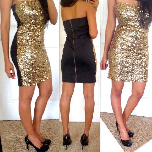 Black and Gold strapless sequin dress. - Picture 2 of 4