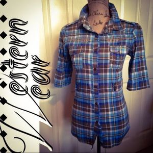 Western Style Button Up Form Fitting Plaid Top