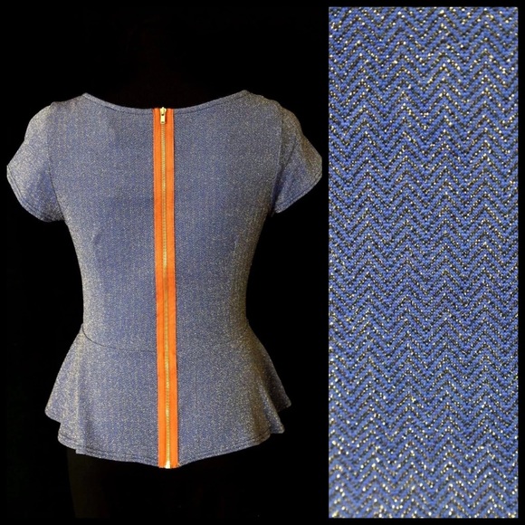 🌸 D4 Metallic Blue Zip Back Peplum Stretch Top - Picture 2 of 4