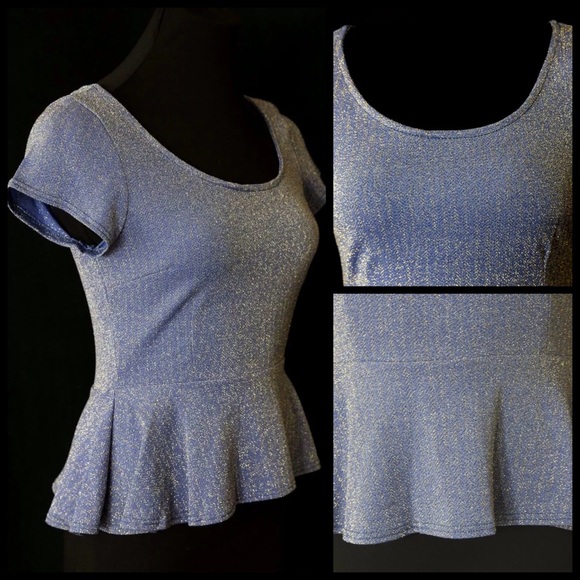 🌸 D4 Metallic Blue Zip Back Peplum Stretch Top - Picture 3 of 4