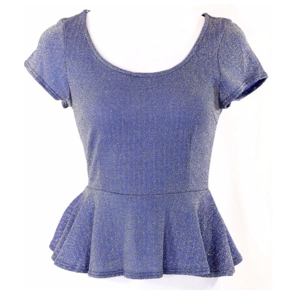 🌸 D4 Metallic Blue Zip Back Peplum Stretch Top - Picture 4 of 4
