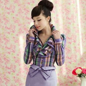 Purple Plaid Vintage Lady Ruffle Collar Shirt