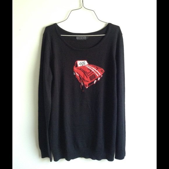 Black Scoop Neck Knit Sweater w/ Car Detail